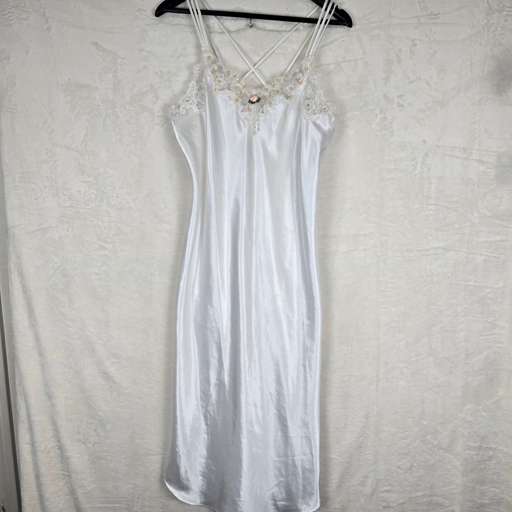California Dynasty Vintage White Satin Lace Nightgown Pearl Sequin Large